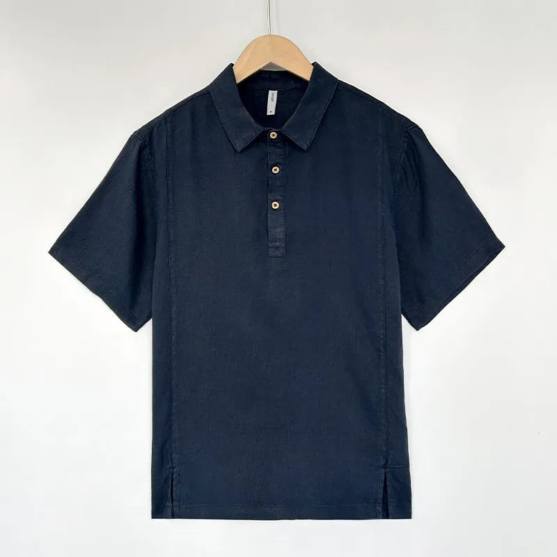 Men's light linen short sleeve shirt with thin lapels in a loose fit for summer.