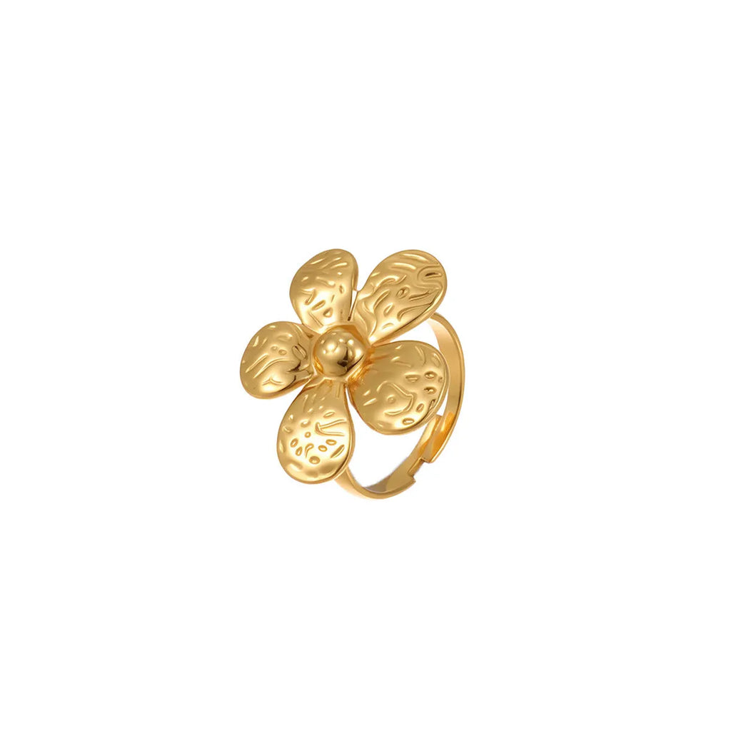 Stainless steel open design geometry ring with flower ocean pattern for women in affordable luxury style