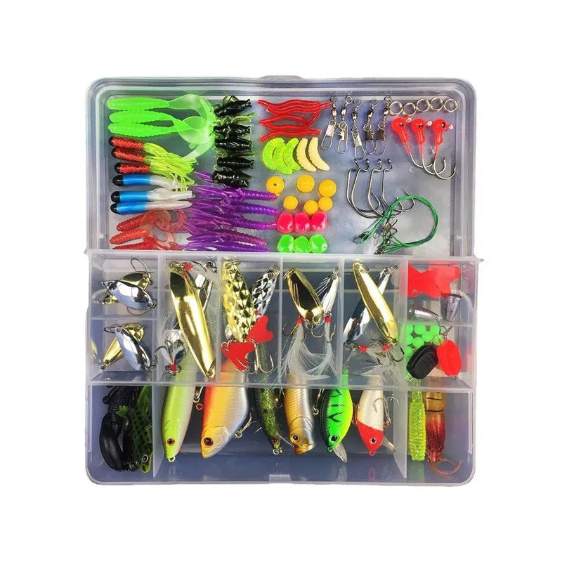 Junior fishing lure suit set with PP plastic storage box containing an assortment of artificial baits.