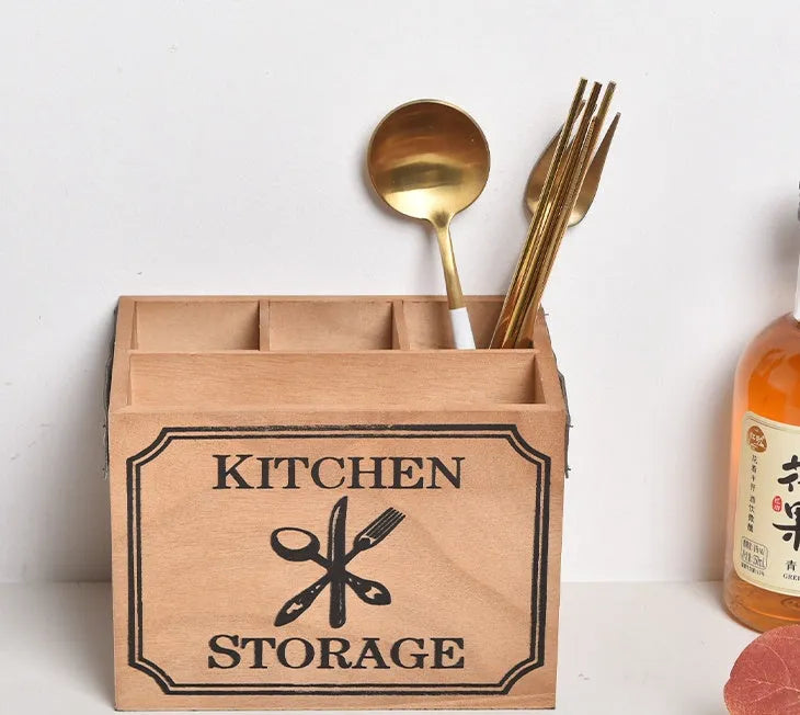 Wooden kitchen storage box for knives forks and chopsticks with internal grid compartments