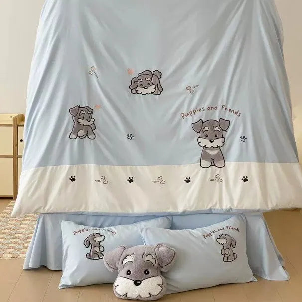 Cute cartoon Schnauzer thickened cotton bedding set with embroidered duvet cover and sheet on a bed.