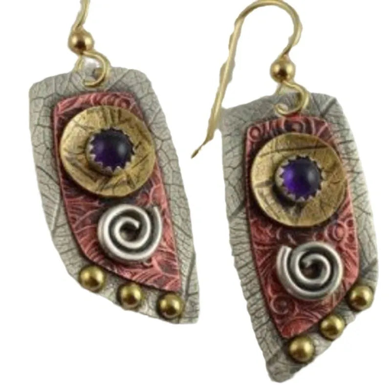 Gold geometric earrings with camouflage leopard print pattern, zinc alloy retro-style ear studs