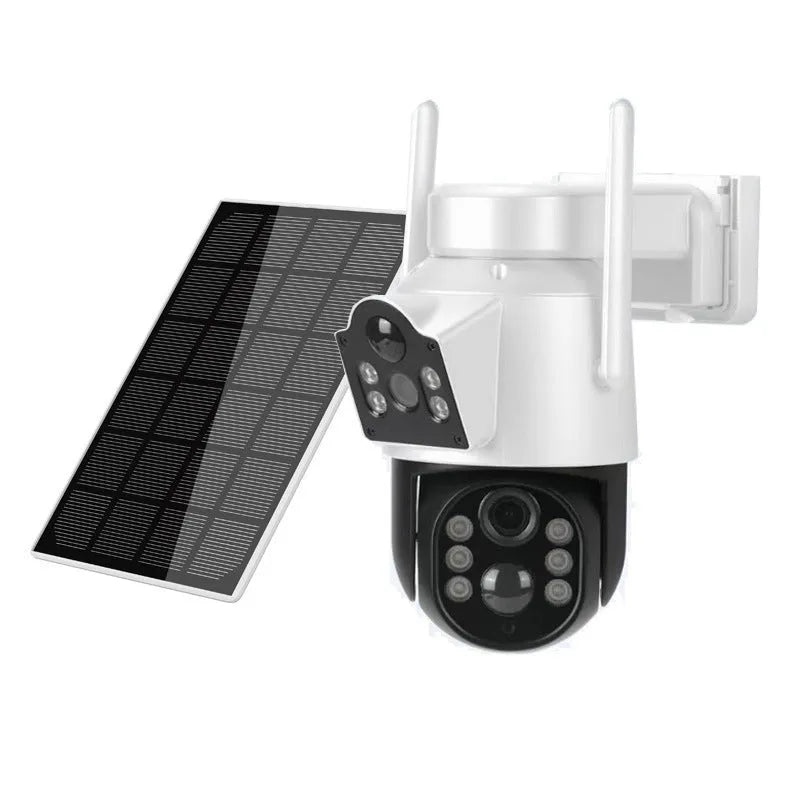 Outdoor solar-powered WiFi security camera with solar panel in white or black/white casing.