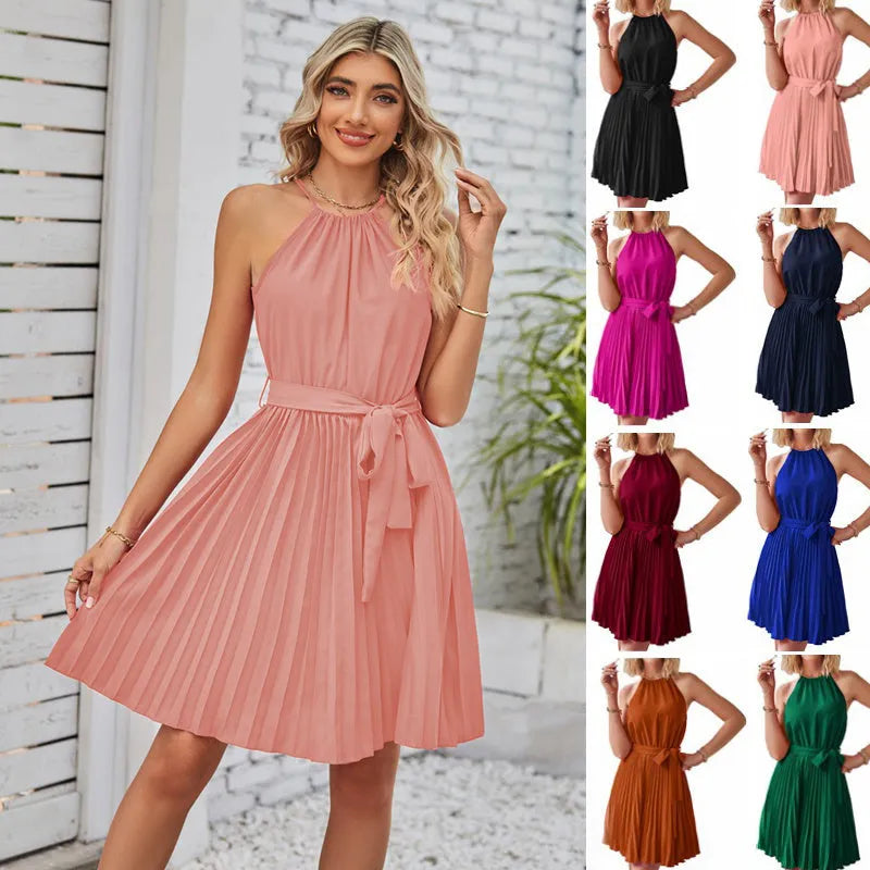 Women's black halter neck strapless dress with pleated midi skirt and adjustable waist belt