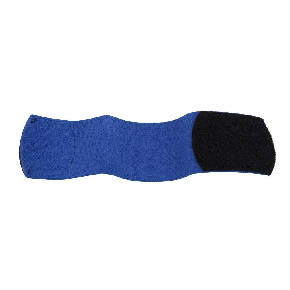 Rubber shin guard fixing strap in red, shown next to a football.