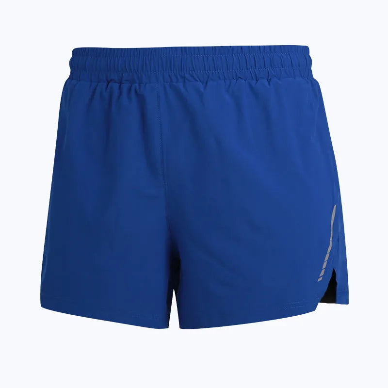 Men's quick-drying polyester marathon running shorts in black, grey, and fluorescent green with straight fit design