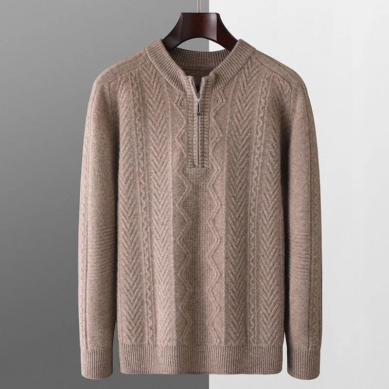 Men's diamond lattice pattern half-zip wool sweater in light camel colour showing front view