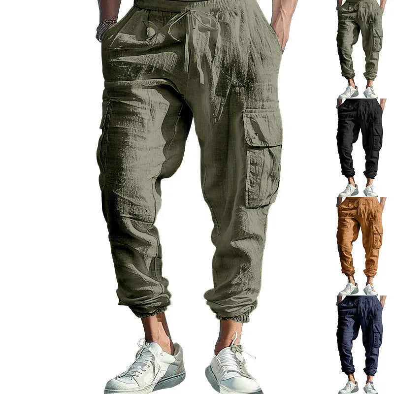 Men's linen casual trousers with ankle-tied cuffs and multiple pockets in loose fit