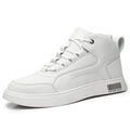 Men's white low-heel casual board shoes with round toe and flat rubber sole.