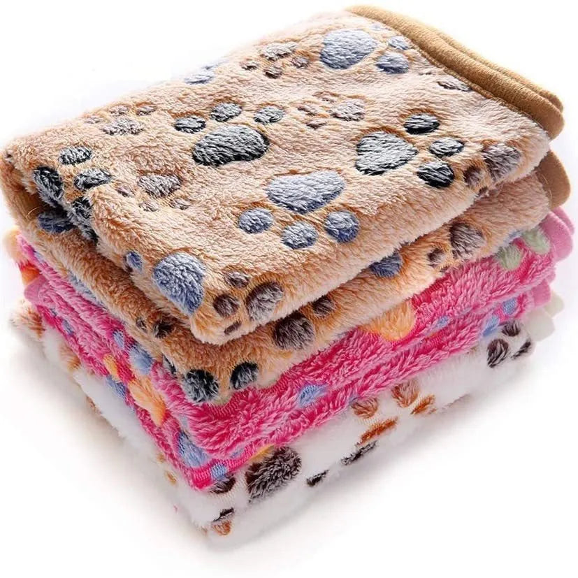 Coral fleece dog blanket with paw print design in multiple colour options and sizes