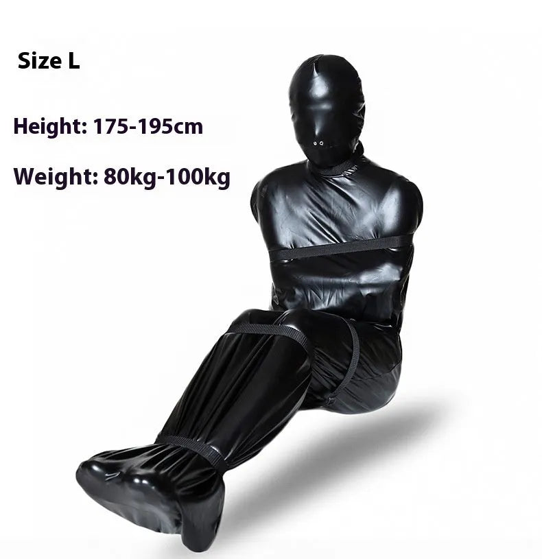 Black patent leather bondage set with leak nostril clothing and six ratchet tie down straps