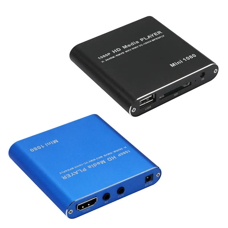Compact blue and black all-metal 1080P Full HD media player with HDMI port for SD cards and USB drives.