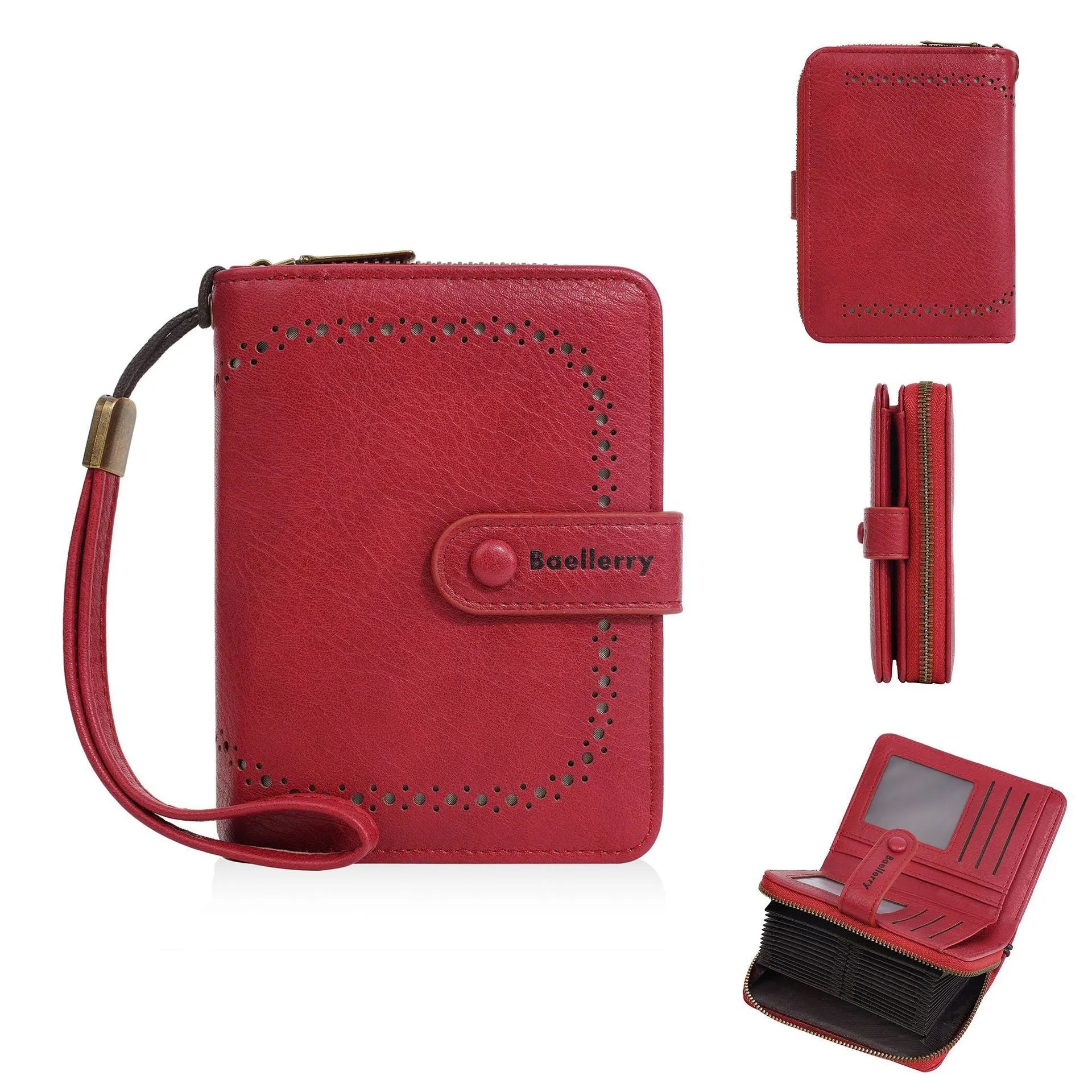 Women's black PU leather zipper coin purse wallet with card slots open showing interior