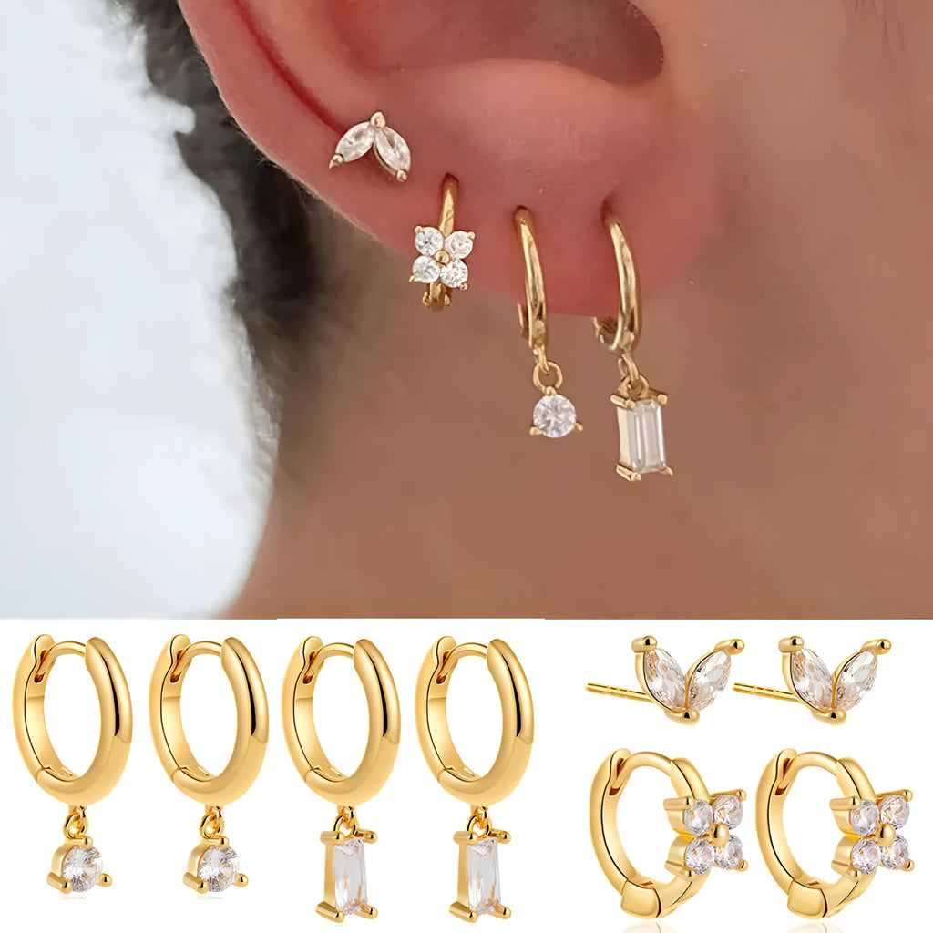 Geometric square earrings set with star shapes in gold or silver metallic finish