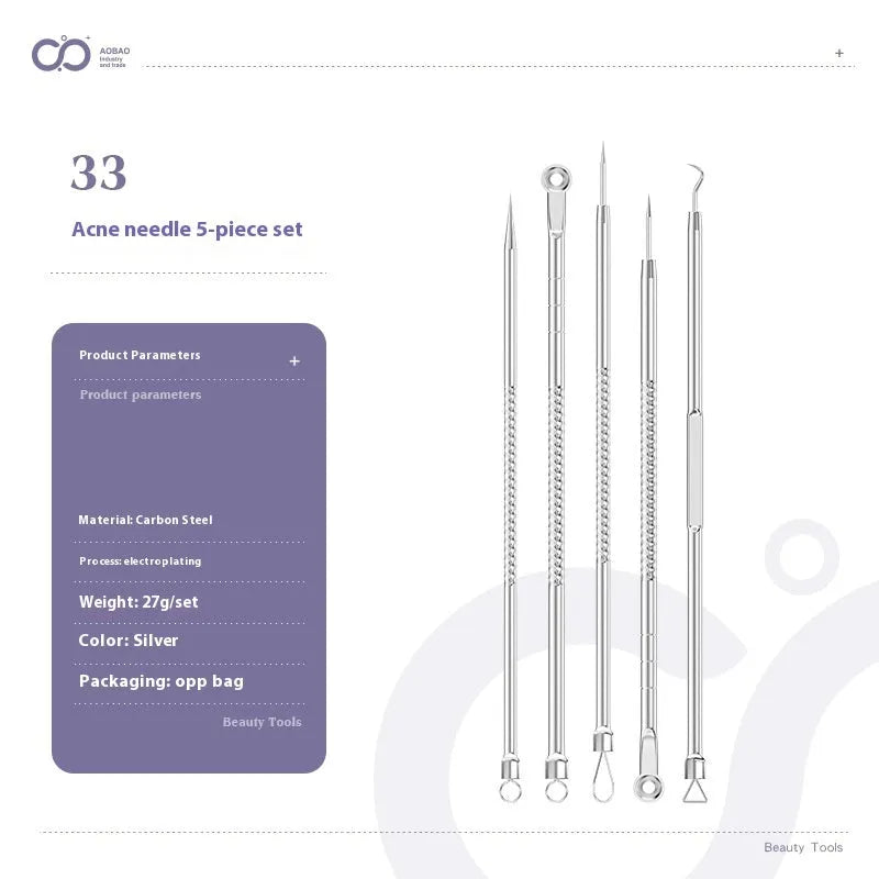 Four metal acne needles with pointed tips arranged on a clean surface.