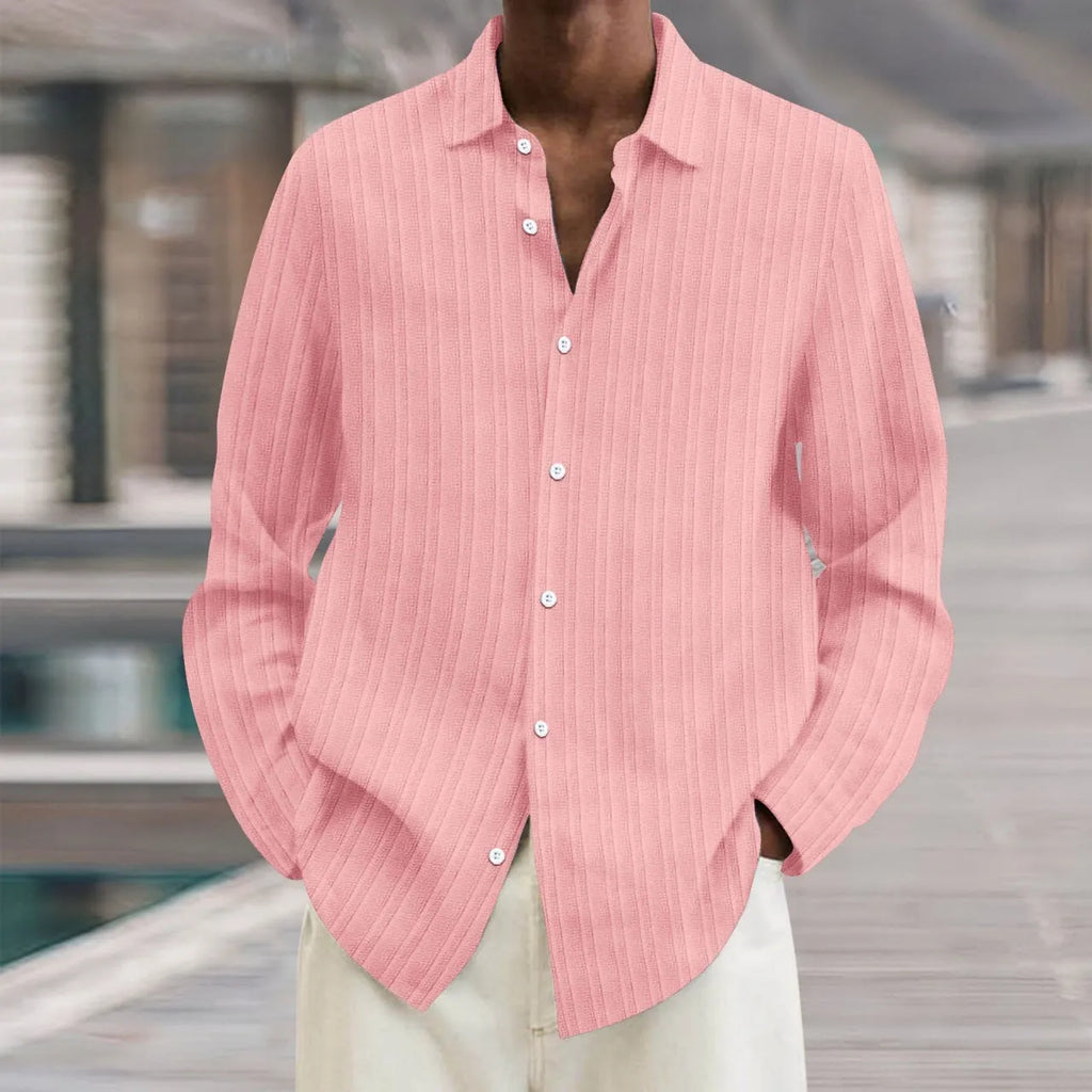 Men's striped long sleeve cardigan shirt in British style loose fit on hanger