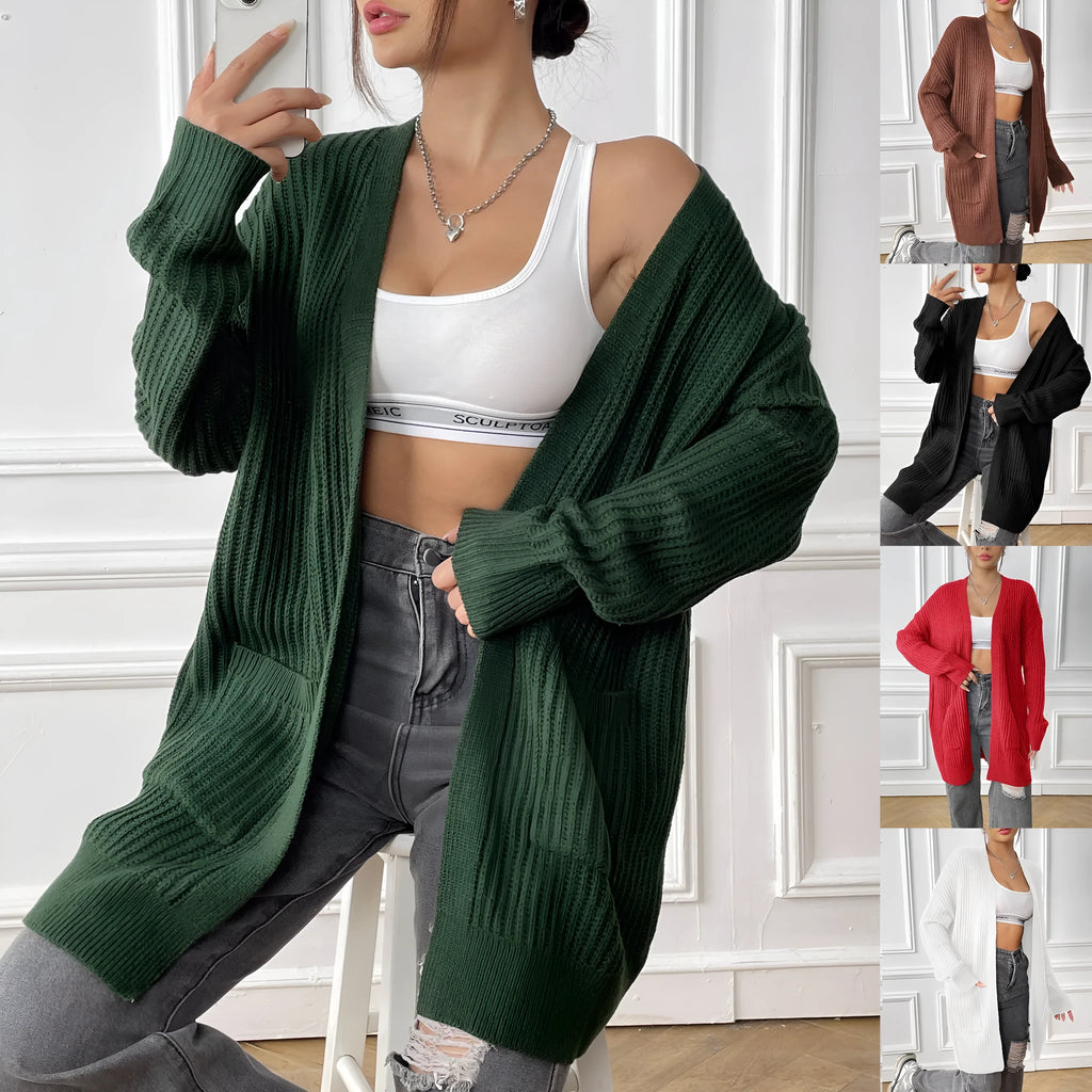Women's double pocket casual cardigan sweater in dark green, loose mid-length fit.
