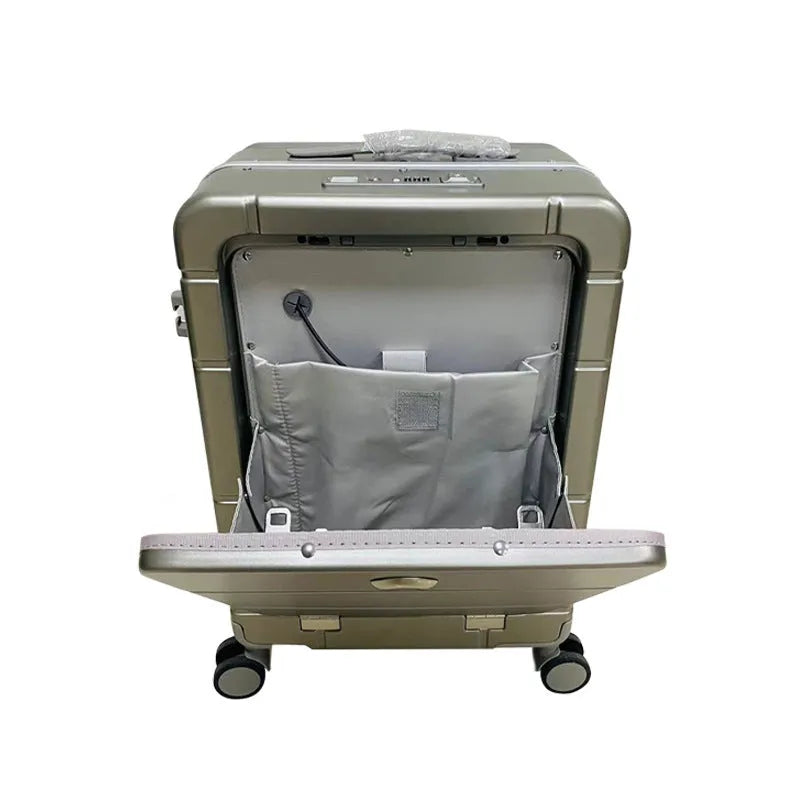 20-inch hard-shell suitcase with front-opening compartment in black, green, silver, or white colours with spinner wheels