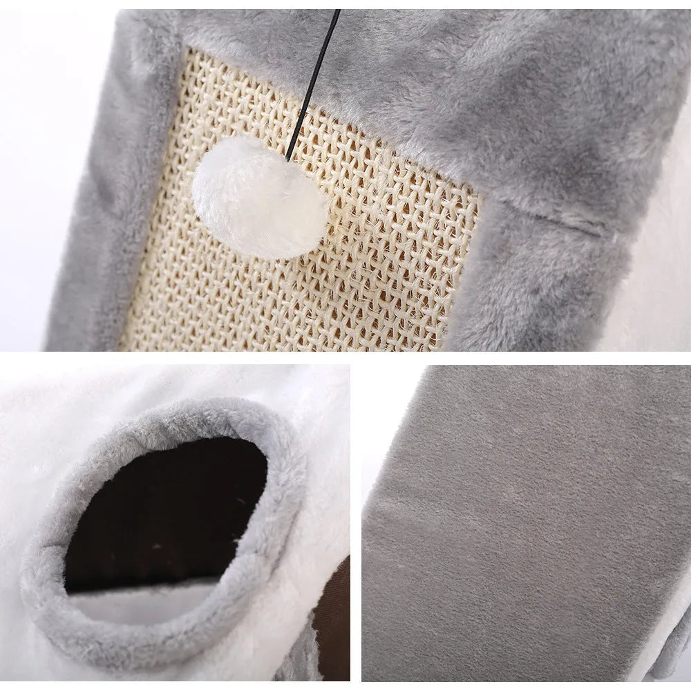 Triangle-shaped cat bed with integrated sisal scratching surfaces on raised platforms