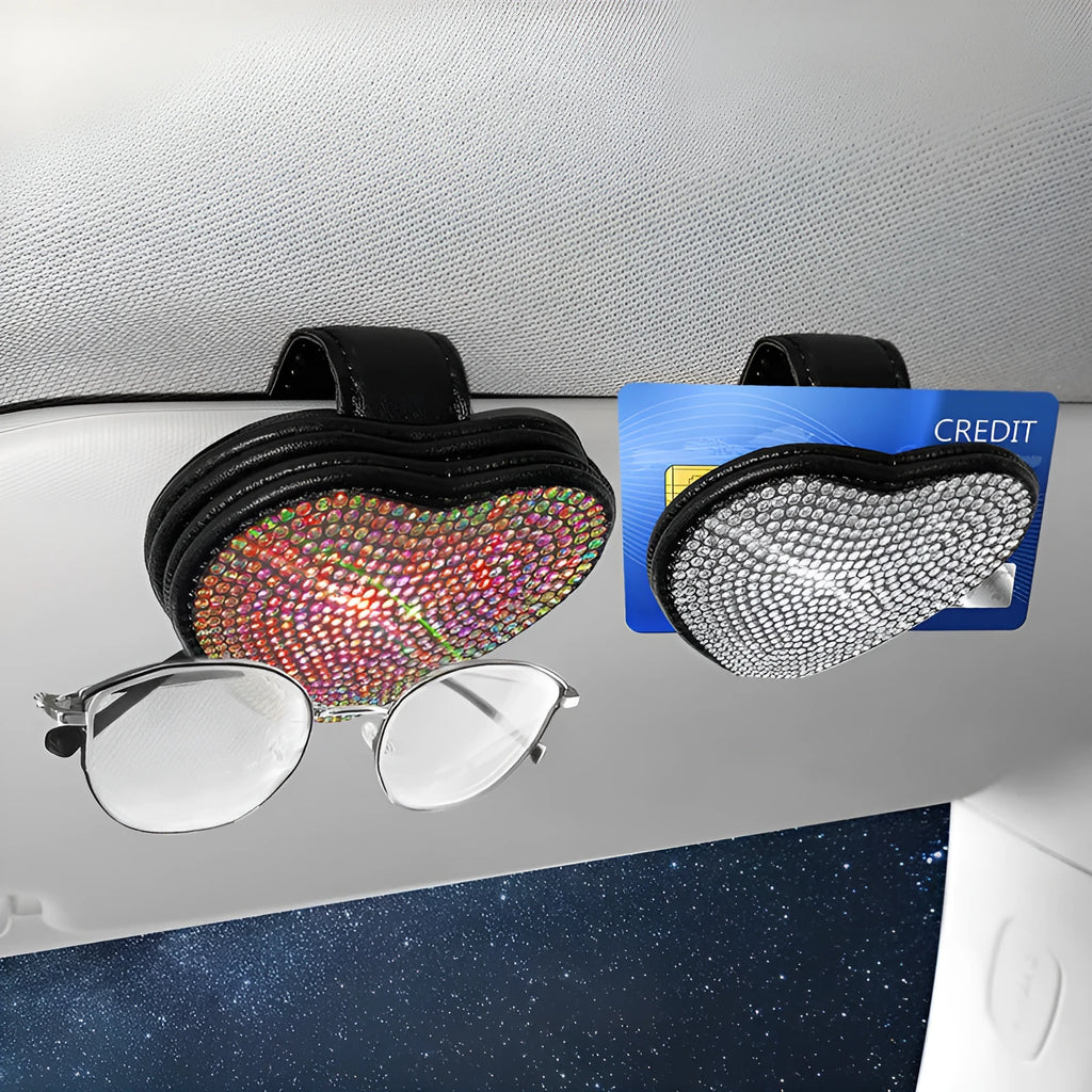 Diamond-encrusted PU leather magnetic clip for car sun visor, holding sunglasses and a card.