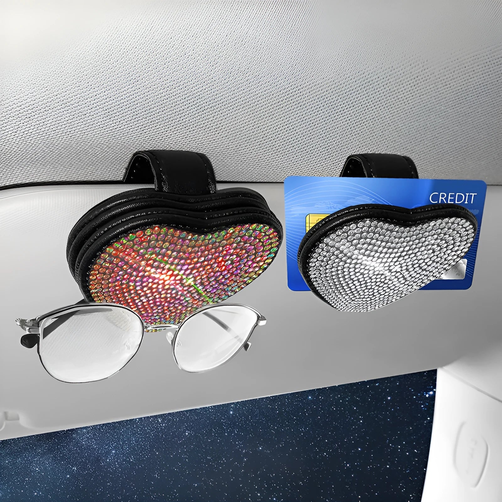 Diamond-encrusted PU leather magnetic clip for car sun visor, holding sunglasses and a card.