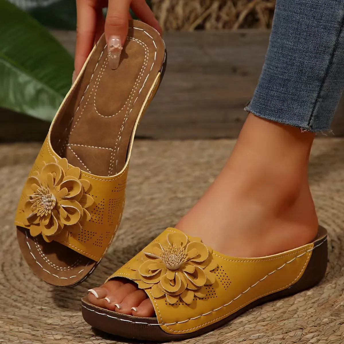 Women's casual peep-toe slipper with thick rubber sole and PVC upper in multiple colour options