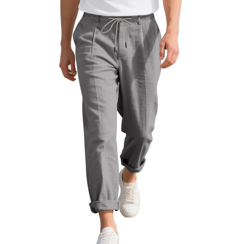 Men's linen casual trousers in straight leg style with drawstring waist in light khaki colour
