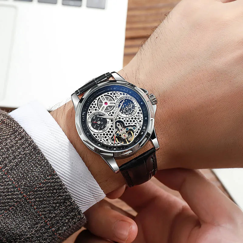 Men's automatic waterproof watch with luminous hands and stainless steel case on leather strap