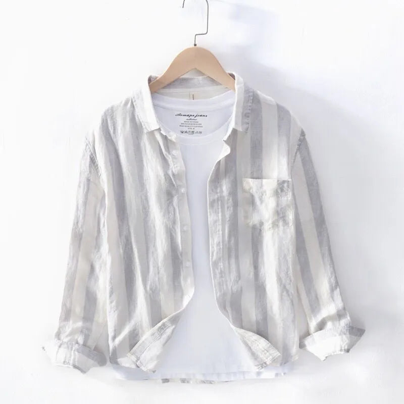 Men's Hong Kong style loose fit long sleeve shirt in blue or light grey