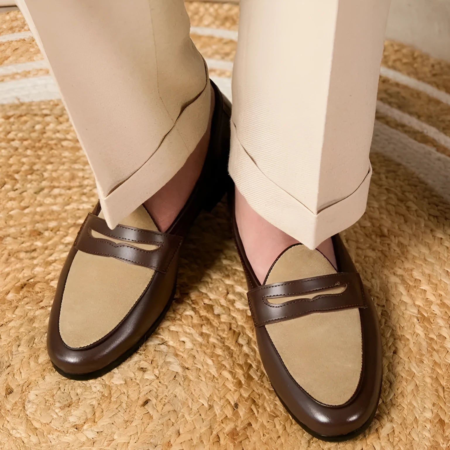 Men's coffee grey suede leather Belgium loafers with a slip-on design and rubber sole.