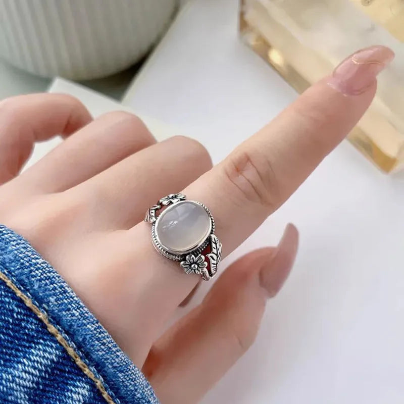 Adjustable copper vintage ring with white chalcedony stone and U-shaped band