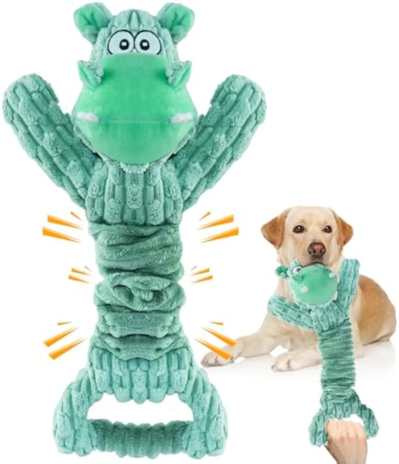 Large blue hippo plush dog toy with a handle, sitting next to a brown monkey version.
