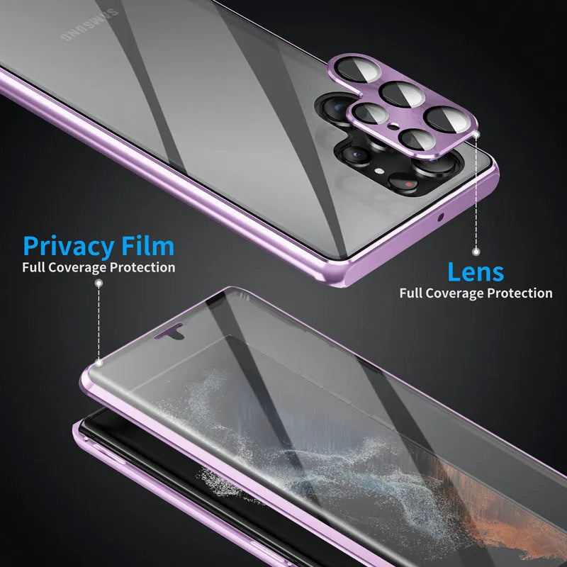 Samsung S24 Ultra magnetic phone case in multiple colours showing peep-proof mirror and metal construction.