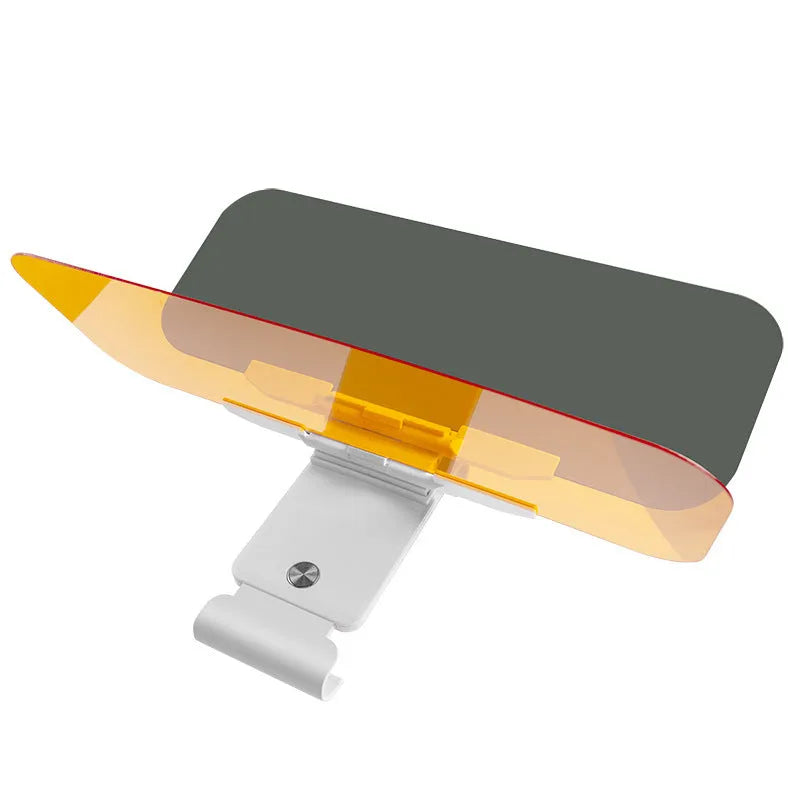 Dual-function anti-glare car sun visor with telescopic arm and acrylic lens.