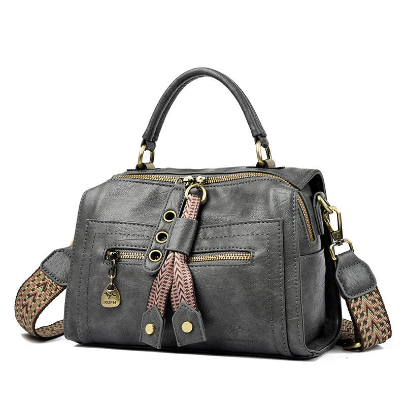 Retro style soft PU women's crossbody bag in a horizontal square shape with a sandwich pocket.