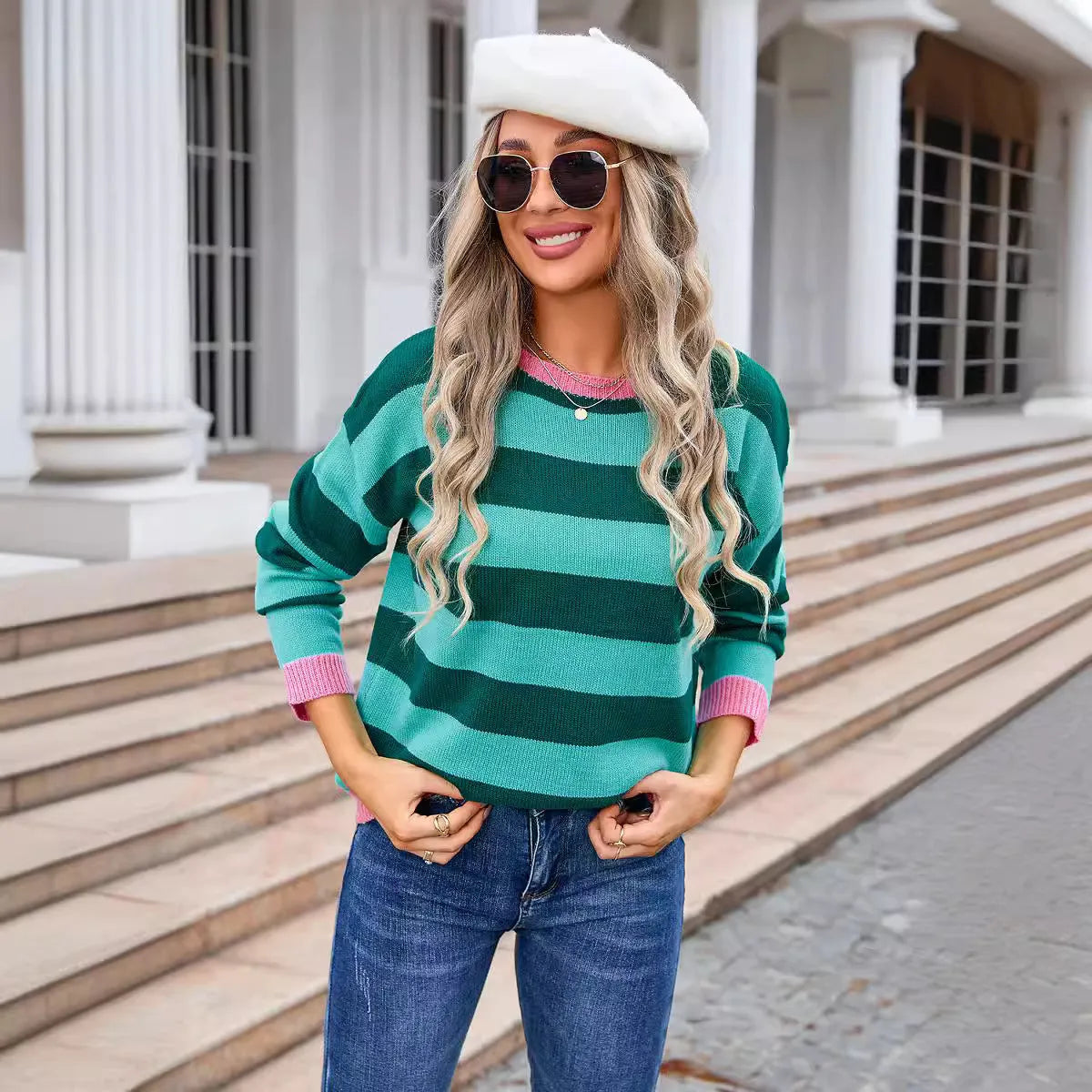 Women's loose fit acrylic sweater in multiple colours with round neck and long sleeves