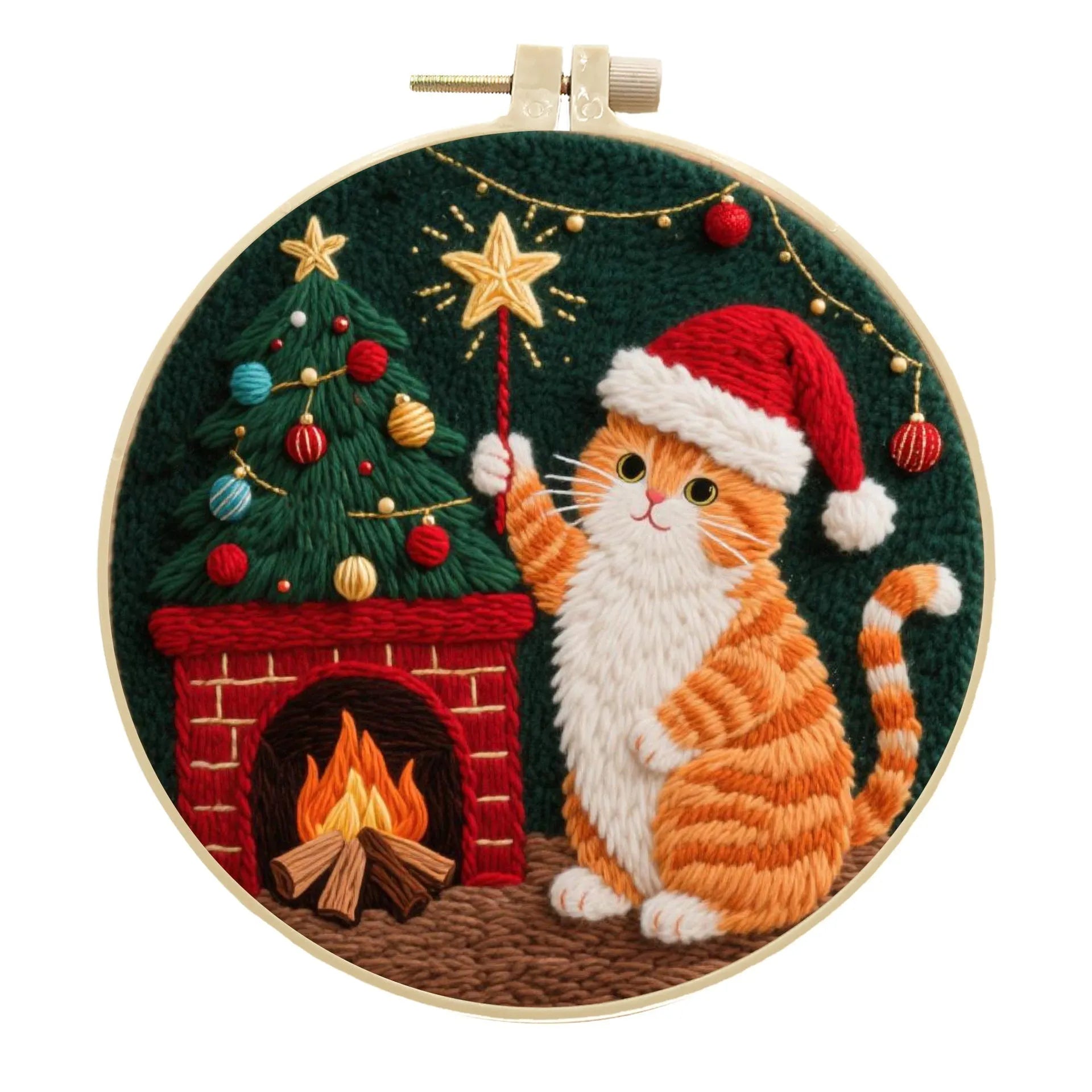 DIY embroidery material kit showing cotton linen fabric with cat and autumn fruit design, optional bamboo hoop and scissors