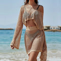 Khaki bell sleeve sun protection suit for women with hollow-out design and matching skirt