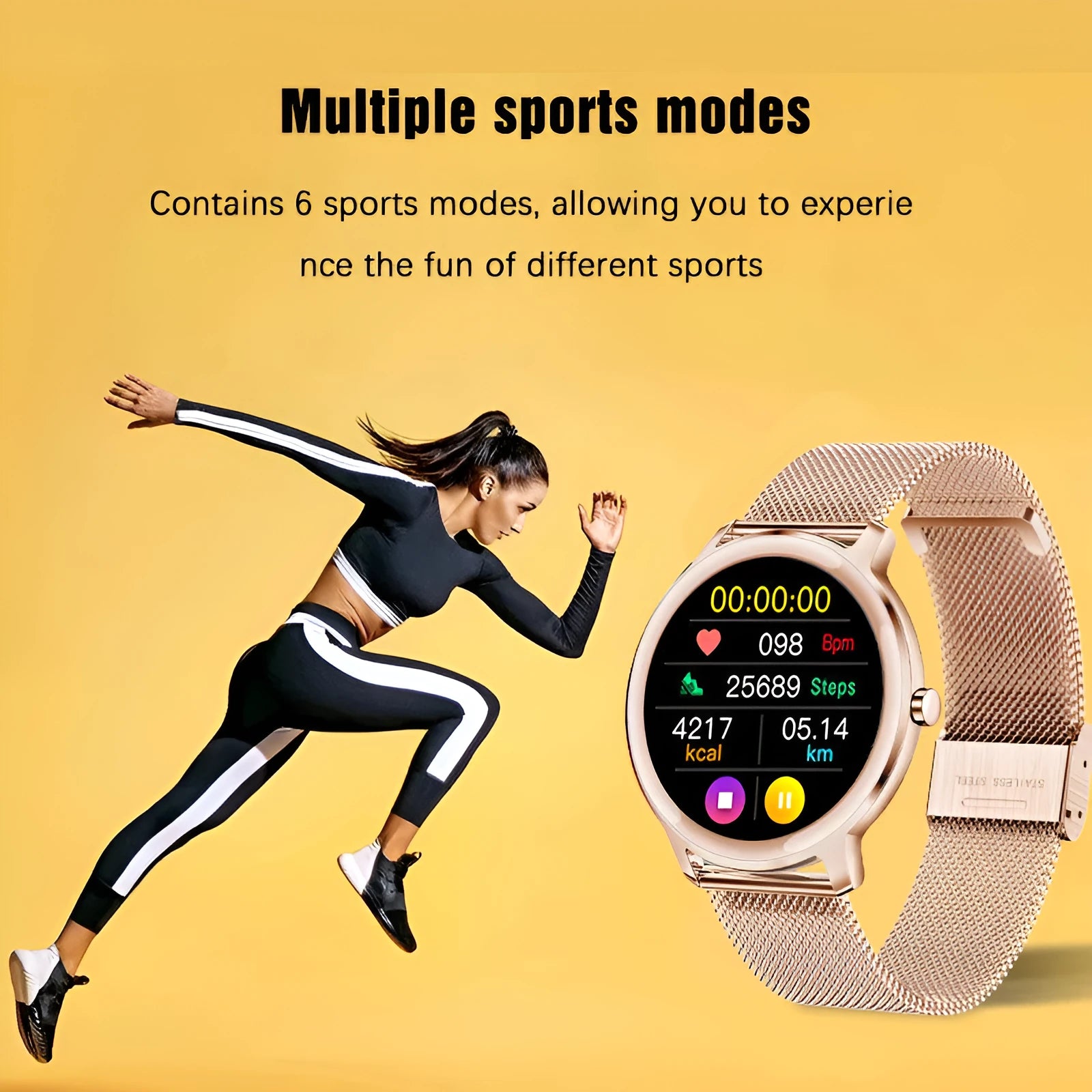 Women's waterproof smart watch with 1.3 inch touch screen and stainless steel wristband