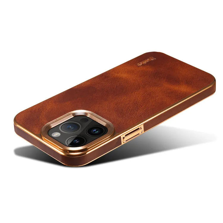 Handmade slim leather protective case for iPhone in black, shown fitted on a phone.