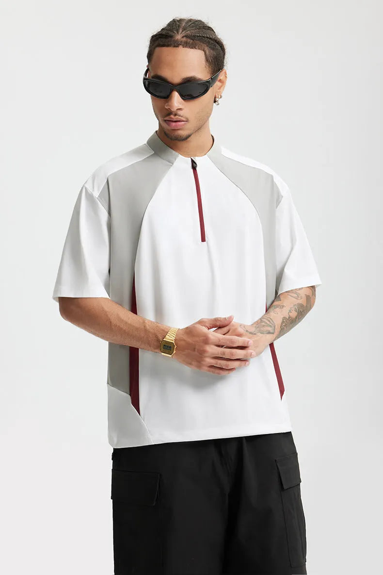 Men's black and beige stitching top with long and short sleeve options in polyester fabric