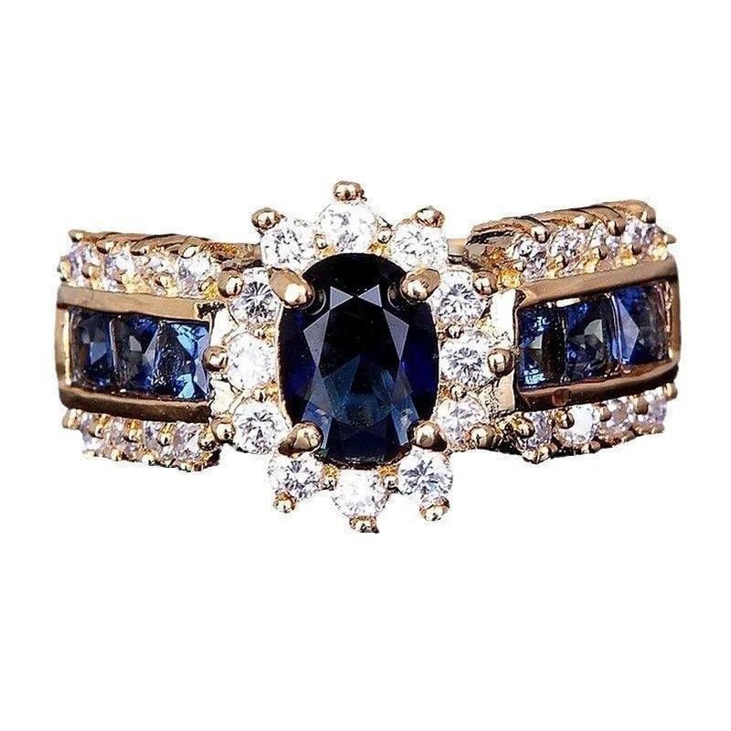 Personalised zinc alloy fashion ring with diamond and blue or purple zircon stone designs.