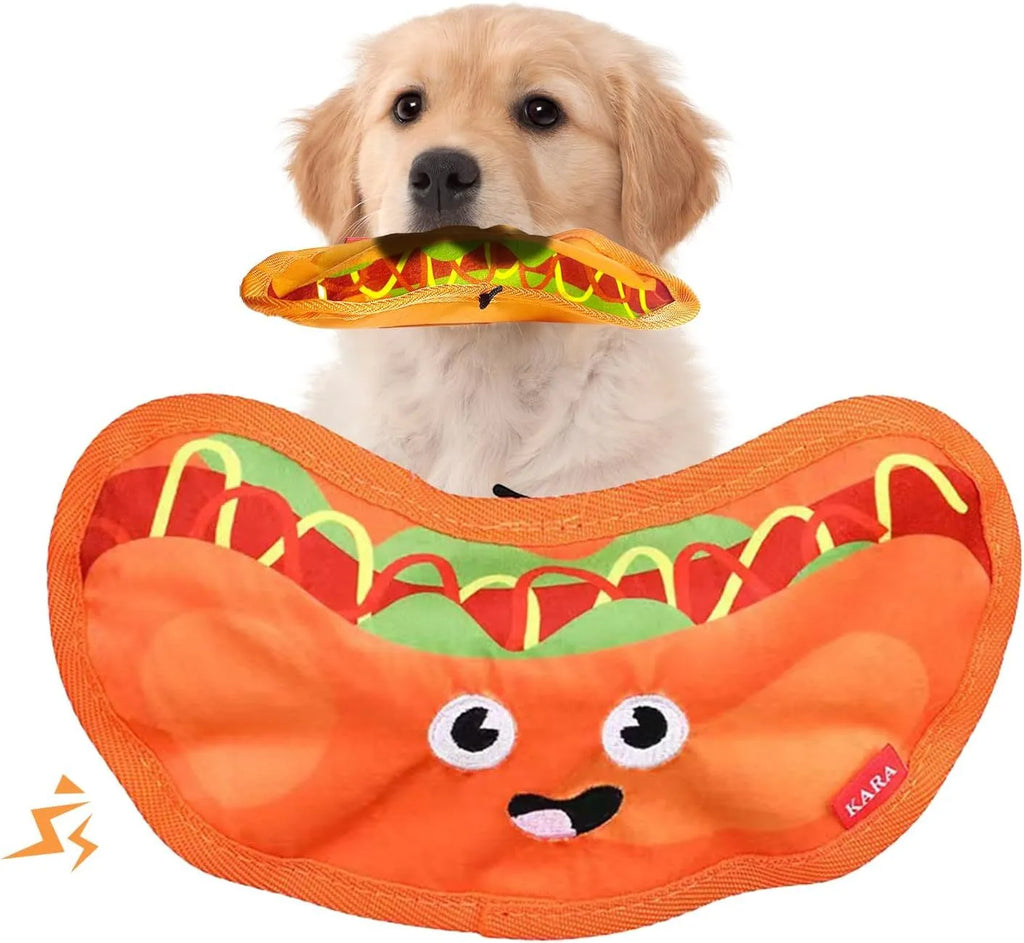 Hamburger-shaped crinkle and squeaky dog toys without stuffing for safe interactive play