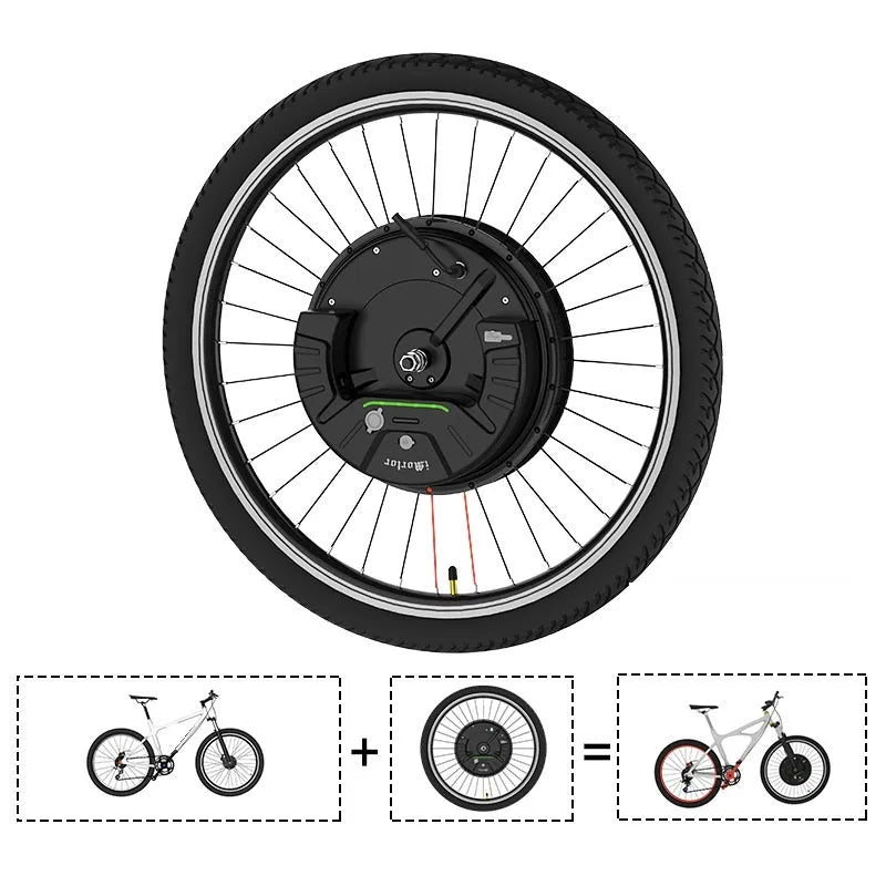 26-inch bicycle electric conversion kit showing hub motor wheel, lithium battery, and 12.6V5A charger