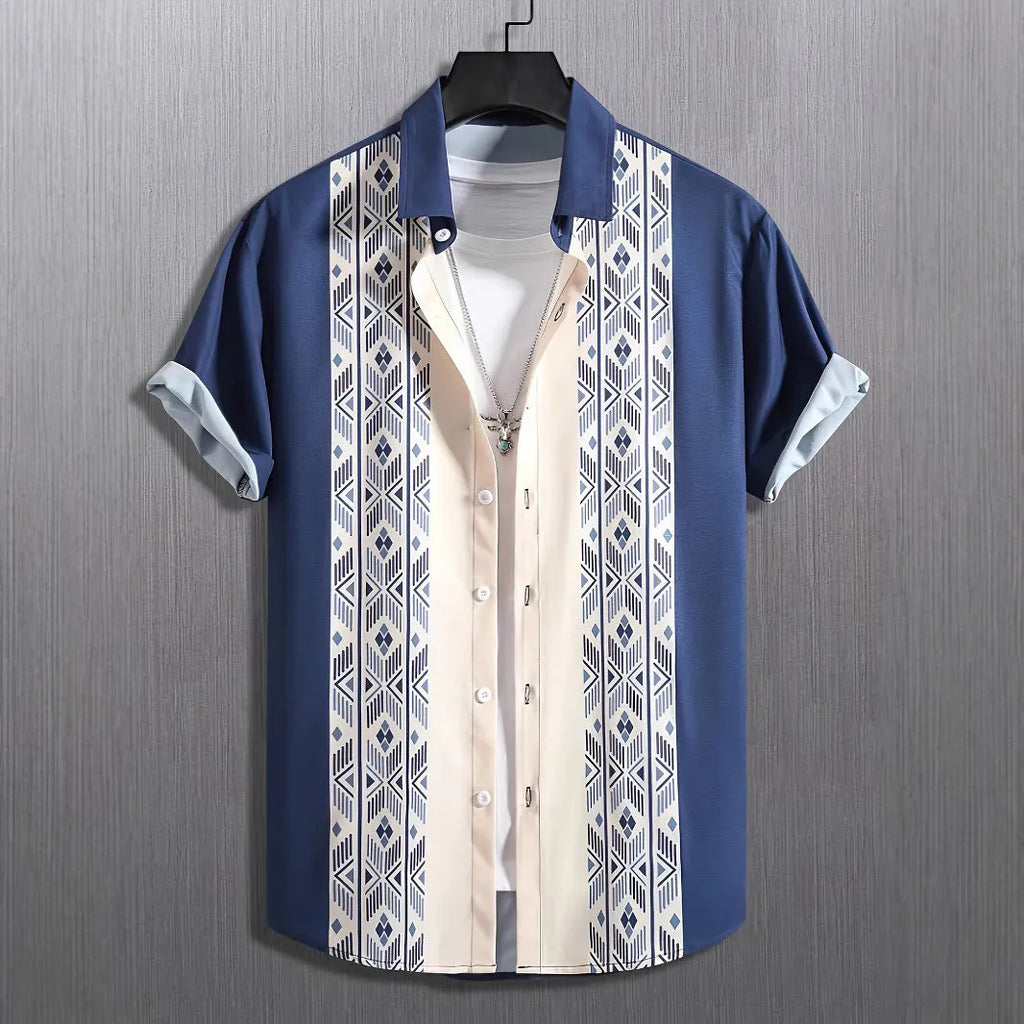 Man wearing a loose-fit plaid short-sleeved cardigan shirt with a lapel collar.