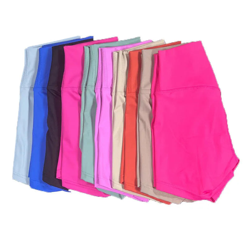 Ladies high-waisted yoga shorts in nylon fabric, shown in one of 16 available colours.