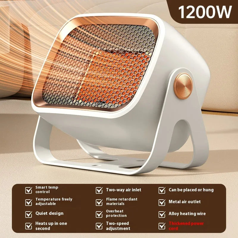 Compact white desktop ceramic heater with control buttons, shown on a wooden desk.