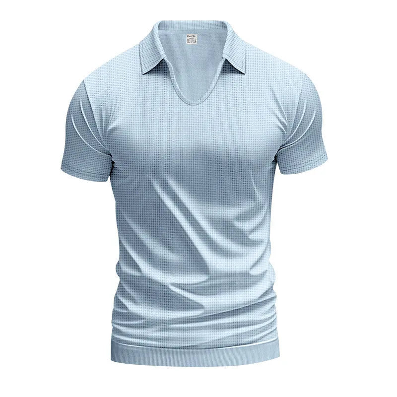 Men's loose fit V-neck short sleeve T-shirt in a light blue cotton blend fabric