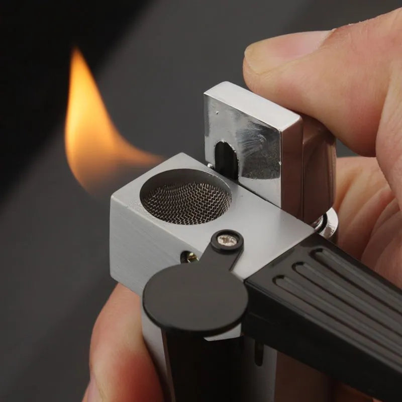 Silver and black foldable metal pipe lighter with stash compartment closed.