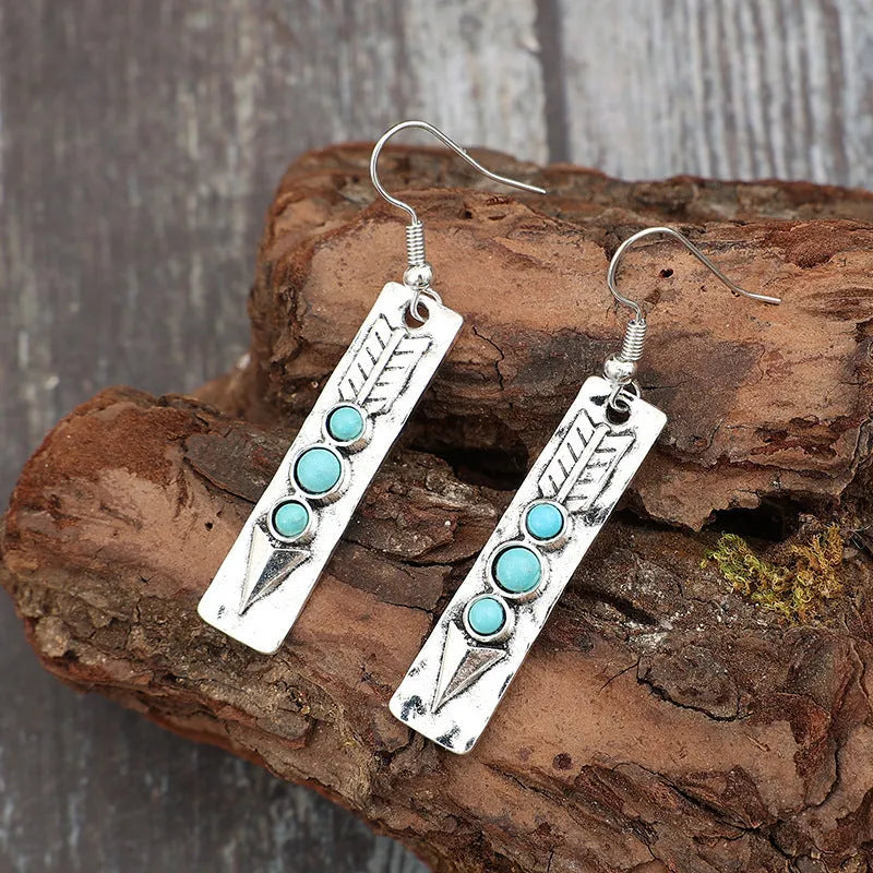 Retro silver alloy dangle earrings with long strip geometric shape and turquoise inlay